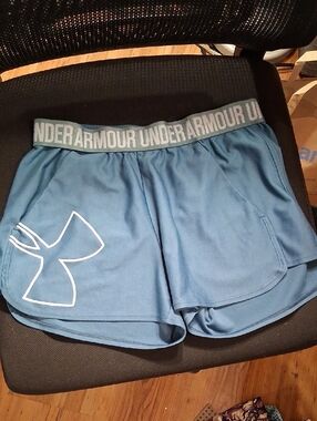 Under Armour Women's Slate Blue Athletic Shorts with Logo Waistband